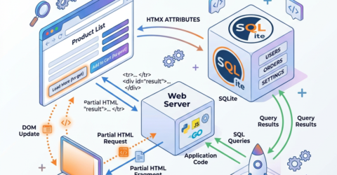 Diagram illustrating HTMX attributes interacting with a web server and SQLite database to update a product list on a web browser.